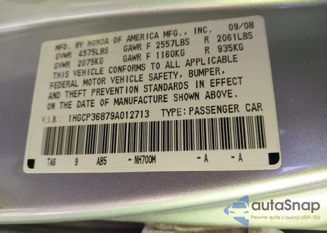 2009 Honda Accord 3.5 Ex-L from USA, damaged, VIN 1HGCP36879A012713